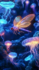 Luminous Dragonfly and Bioluminescent Jellyfish in Underwater Fantasy Realm