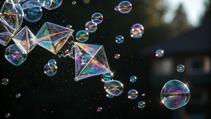 Colorful soap bubbles, prismatic reflections, floating geometric shapes, iridescent spheres, dark background, sunlight sparkles, ethereal atmosphere