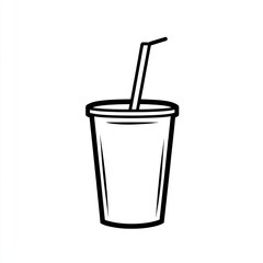 Simple black and white paper cup with straw, graphic illustration