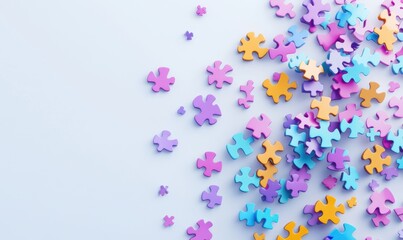 Obraz premium Colorful puzzle pieces scattered on light blue background; teamwork, solution concept; website banner