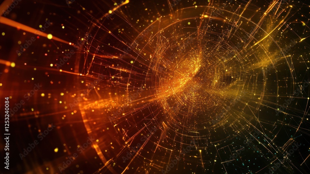 Poster abstract digital network of lines and glowing particles with warm tones