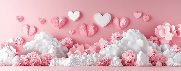 Horizontal banner featuring a pink sky decorated with paper cut clouds. Text space included. Offers a Valentine's day sale header or voucher template with hearts. Framed by a rose cloudscape border