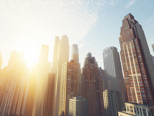 Stunning Urban Skyline at Sunset with Modern Skyscrapers, Glass Buildings, and Colorful Reflections – A Futuristic Cityscape with Warm Golden and Cool Blue Tones for Corporate and Commercial Use