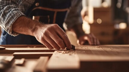 A focused shot of a carpenter crafting custom millwork for a luxury residential project, Luxury residential construction scene, Bespoke woodworking style