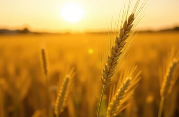Rural scenery. Background of ripening ears of wheat field and sunlight. Crops field. Selective focus. Field landscape.