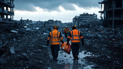 Emergency workers in bright safety gear carrying relief packs, surrounded by damaged buildings and rubble, overcast sky, realistic style