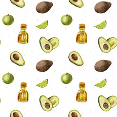 Watercolor avocado pattern. Seamless pattern with avocado and lime, and a bottle of oil on a background of watercolor blots. A slice of lime and half of an avocado with a stone. Design for food