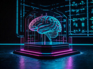 Futuristic holographic AI brain podium with glowing growth symbols.