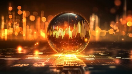 Financial prediction concept featuring a crystal orb with embedded trading data, candlestick charts, and glowing financial icons