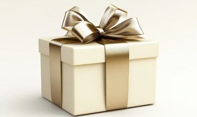 Obraz premium Elegant cream gift box with gold ribbon, studio shot, background, holiday gifting