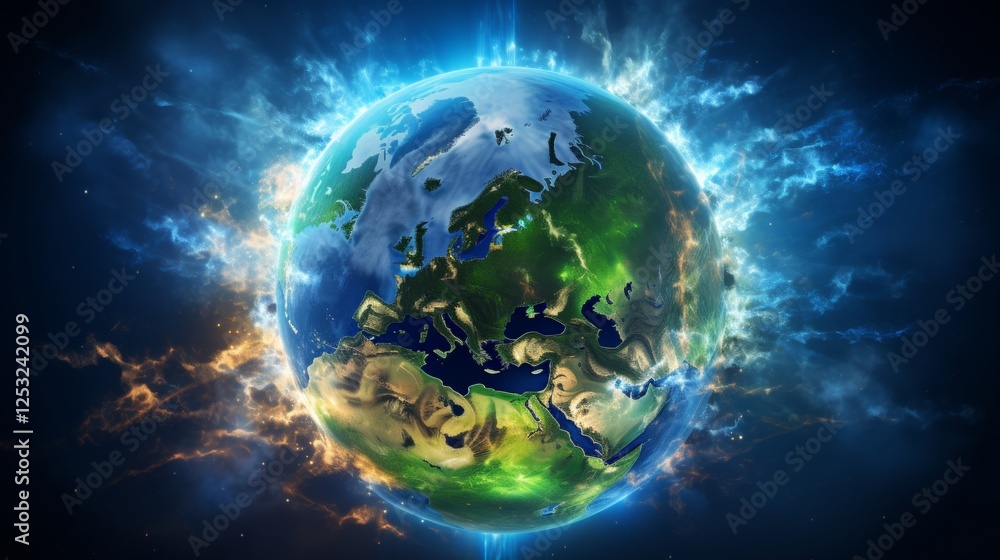 Poster minimalist earth with soft atmospheric glow against a dark space background for depth effect