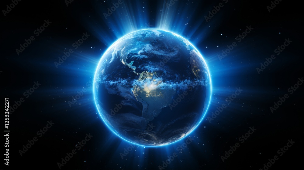 Poster minimalist earth against dark space background with soft atmospheric glow for depth effect