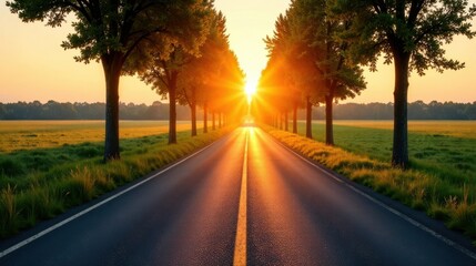 Asphalt road lined with trees at sunrise, sunbeams illuminating the path ahead, promising a journey of discovery and new beginnings