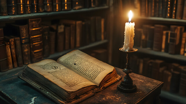 A dusty, forgotten library, its shelves filled with old, tattered books. A single candle flickers on a desk, illuminating a page with strange, cryptic symbols.