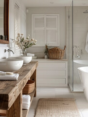 Modern bathroom featuring wooden elements, freestanding tub, and natural decor, creating serene and inviting atmosphere