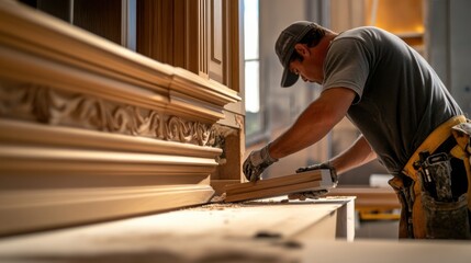 A focused shot of a carpenter installing custom millwork for a hotel lobby renovation, Hotel lobby renovation scene, Bespoke woodworking style