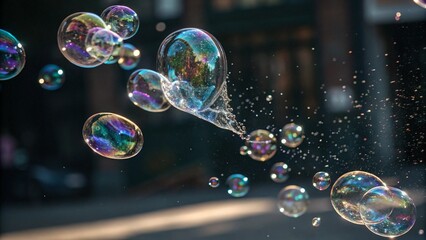 Iridescent soap bubbles, floating in dark space, macro photography, high detail, reflective surfaces, ethereal lighting