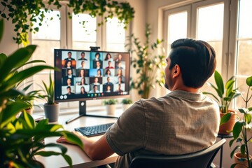Obraz premium Asian Man in His 30s Participating in a Video Conference Call at Home