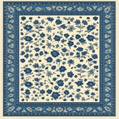 Blue floral textile design, cream background, border, pattern, fabric swatch