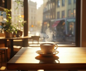 Fototapeta premium Coffee cup sits on table in cozy cafe during morning light