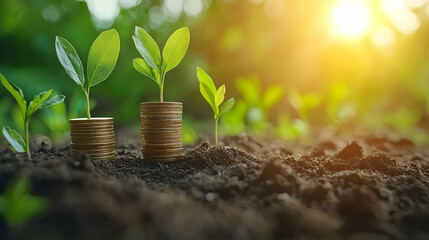 Growing money plants in soil, sunlit background