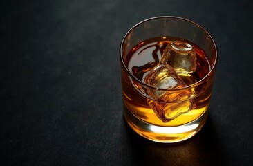 Whiskey glass with ice on a rustic barrel, a classic sip. 