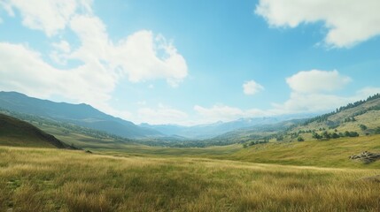 Expansive Mountain Valley Landscape with Rolling Hills and Blue Sky Scenery