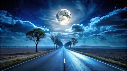 Serene Night Drive Under a Majestic Full Moon on a Dark Asphalt Road Lined with Trees