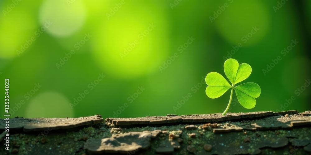Poster a single vibrant green clover sprout emerges from weathered bark, bathed in soft sunlight against a 