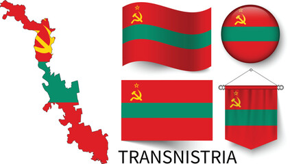 The different designs of Transnistria's national flags and the map showing Transnistria's borders