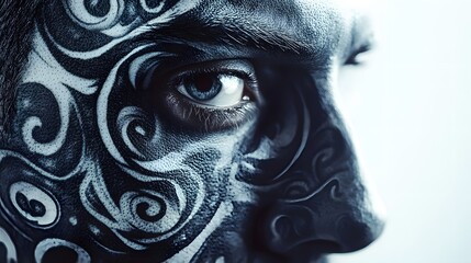 Intricate Black and White Facial Tattoo Art with Intense Expression