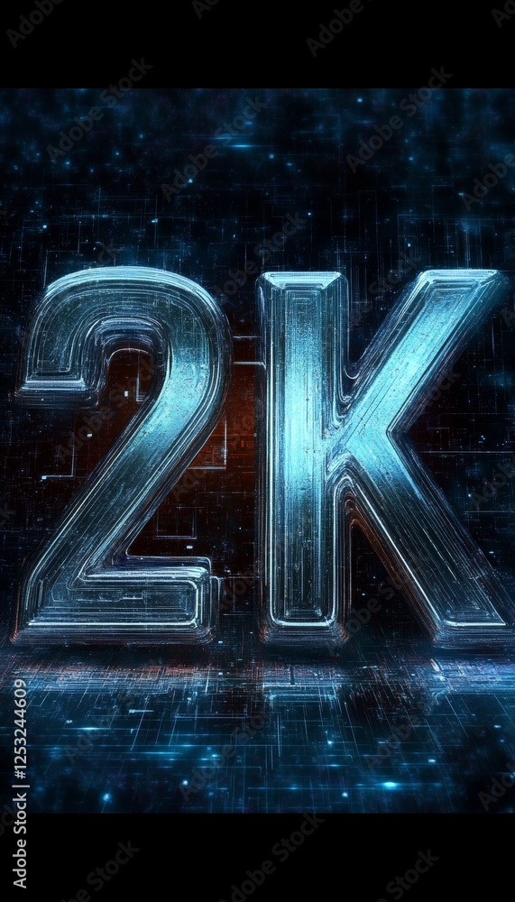 Poster 2k, glowing 3d digital numbers on futuristic abstract technology background., rendering.