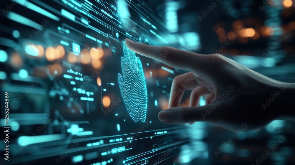 Aufkleber futuristic hand interacting with holographic interface for secure biometric access