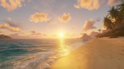 Obraz premium Beautiful sunset over a tranquil beach with palm trees