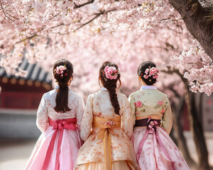 Cherry blossoms in spring and women wearing the Korean national hanbok in Seoul, South Korea.