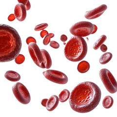 High-resolution PNG of human red blood cells in vivid red tones, realistic biological elements showing 3D cellular structure