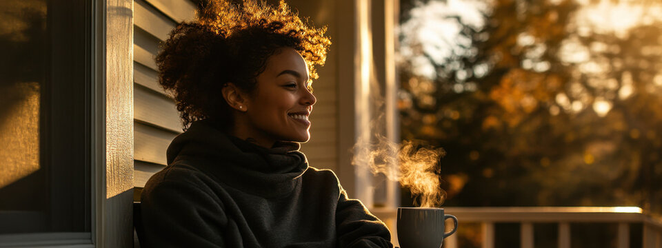 Young Black woman enjoying a peaceful morning on the porch, sipping hot tea with sunlight streaming through autumn leaves.