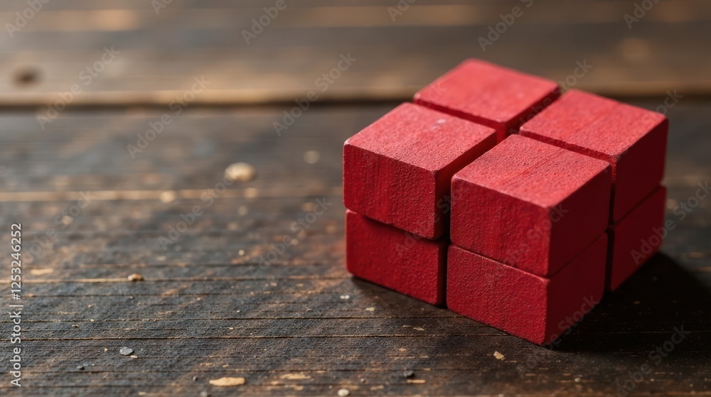 Poster Red Wooden Blocks Arranged in a Cube Shape on a Rustic Wooden Surface