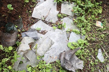 Discarded shards of glass bottles and litter scattered amongst wild undergrowth