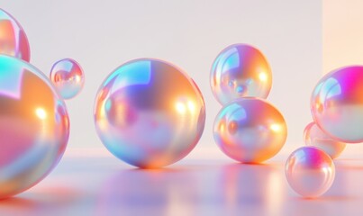 Iridescent spheres, pastel background, studio lighting, abstract design, website banner