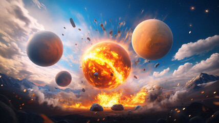 Obraz premium dramatic scene of planets colliding in fiery explosion, showcasing vibrant colors and dynamic movement in sky. cosmic event evokes sense of awe and wonder