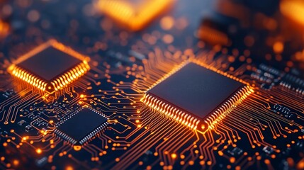 A close-up view of a circuit board featuring intricate patterns and glowing microchips, highlighting advanced technology and innovation.