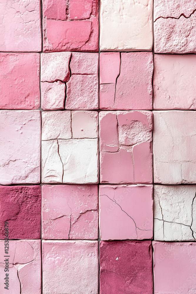 Poster a close-up shot of pink cracked ceramic tiles arranged in a grid pattern, symbolizing age, wear, and