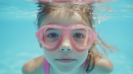 Naklejka premium Girl underwater wearing pink goggles, hair flowing. Perfect for summer, kids, swimming, and fun themes.