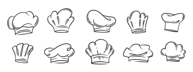 Chef hats contour icons set. Funny retro kitcheners caps of various shapes. Restaurant uniform, chef profession mascot, hand drawn toque of cookers and bakers icons collection vector illustration