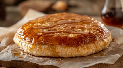 Freshly Made Golden Crisp Maple Pastry Resting on Wooden Surface