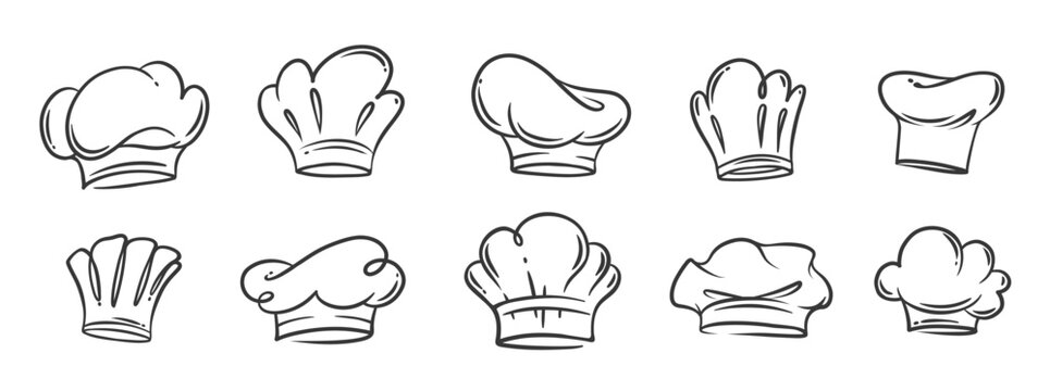 Chef hats contour icons set. Funny retro kitcheners caps of various shapes. Restaurant uniform, chef profession mascot, hand drawn toque of cookers and bakers icons collection vector illustration