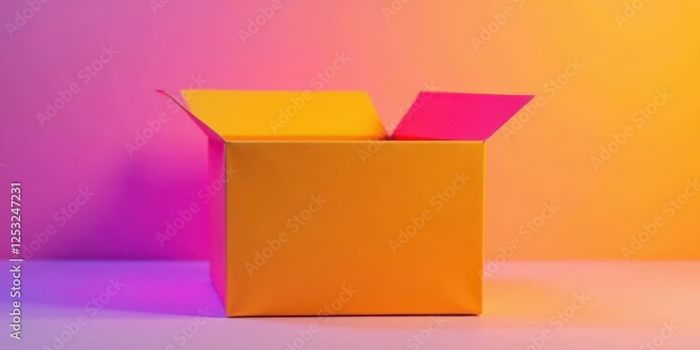 Poster An Open Cardboard Box Against a Vibrant Gradient Background, Ideal for Product Placement and Visual Displays