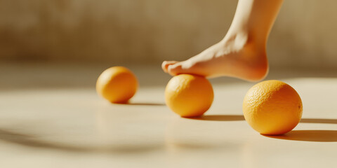 Exploring Balance and Wellness: A Creative Perspective on the Playful Interaction Between Feet and Oranges