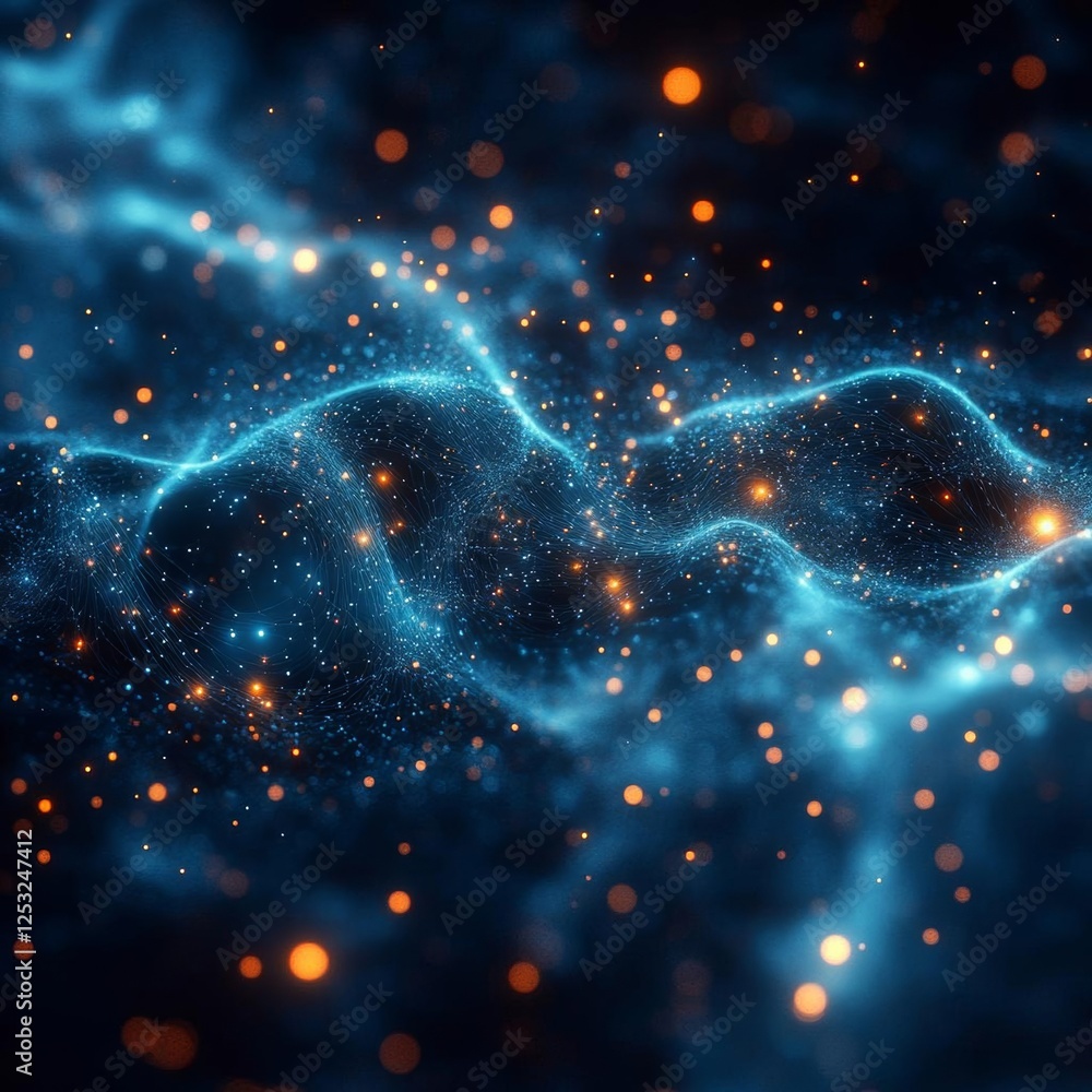 Poster banner with blue abstract background with a network grid and particles connected